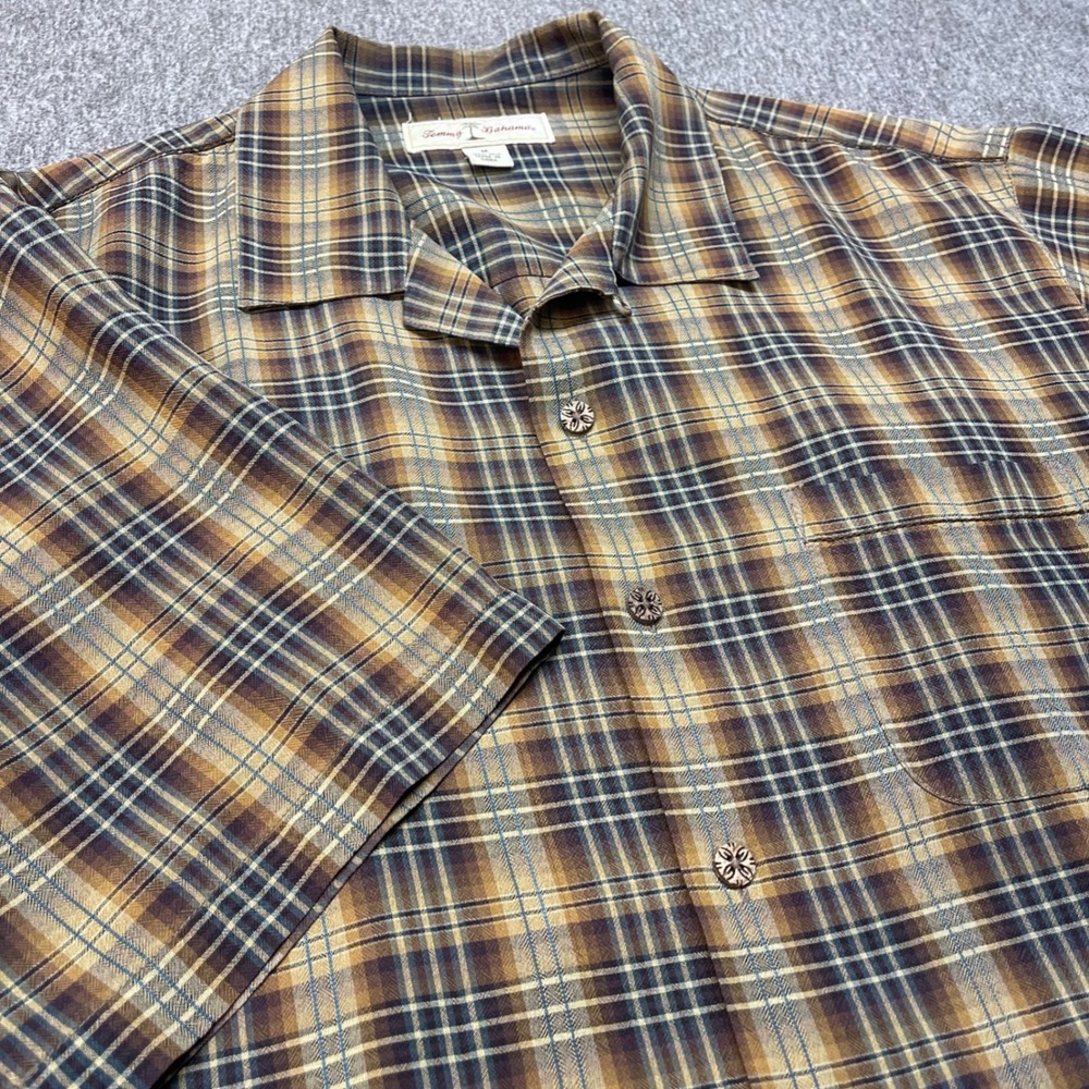 Tommy Bahama Mens M Silk Plaid Short Sleeve Camp Shirt Brown Tan Button Down